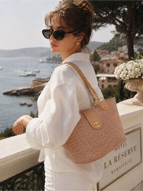 Authentic Chanel Vintage Baby Pink Woven Raffia CC Chain Tote Bag GHW Rare